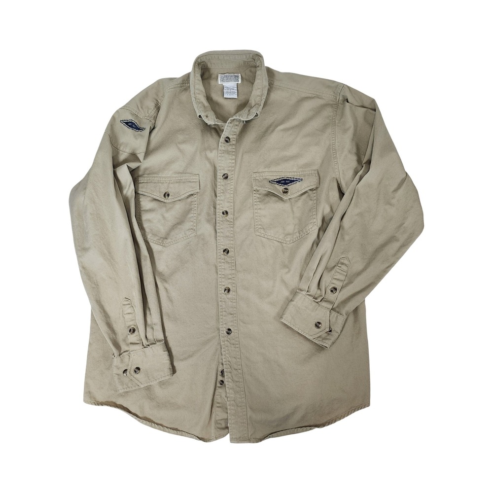 Express Rider Mens Khaki Cotton Twill Button Down Shirt Embroidered Size Large